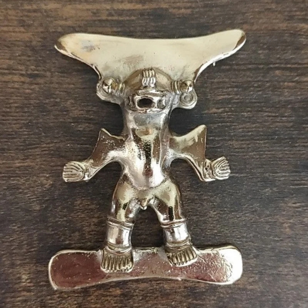 Rare Vintage 1970s Vintage Tribal Figural Gold Tone BroochPin